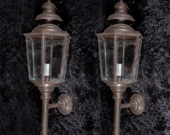 Pair of Very Large Dark English Brass Carriage Lanterns, 19th Century Antique Wall Mounted Electric Lanterns