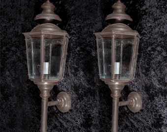 Antique Brass Carriage Lanterns, Wall Mounted Electric Sconces, Pair