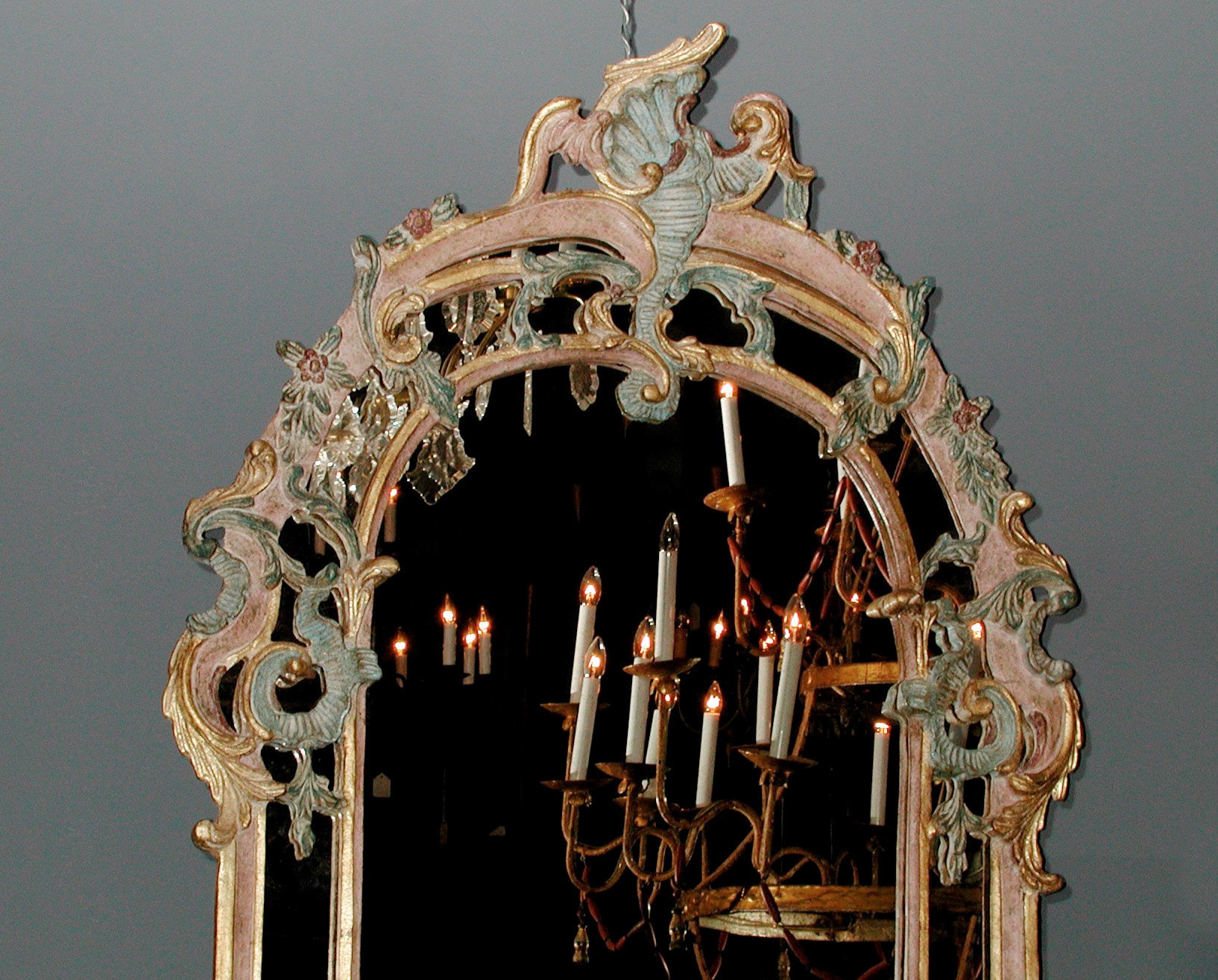 Vintage Mirror With Gold Leaf; Italian Rococo, Slight Gilding & Pastel Colors, Decorative Wall Decor, Available As A Pair, 20Th Century