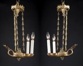 Pair of late 19th Century Bronze Hanging Oil Lamps with Heavy Chain and Gothic Revival Crown, Converted to Electric