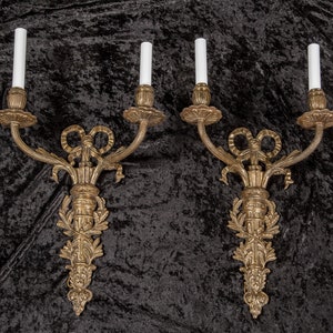 Large Pair of French Antique Bronze Sconces, Late 19th Century, With Ribbon and Two Arms