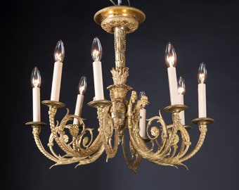 Arrow, Feather, and Rooster Head Louis XVI Bronze Chandelier, French 19th Century