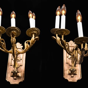 Pair of Antique Bronze Sconces, Heavy Bronze Backplate, Early 20th Century, Four Arms