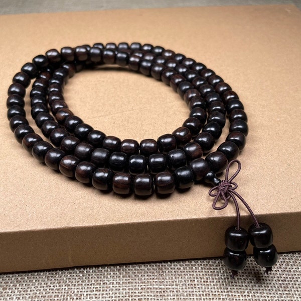 PROTECTION MALA, Mala, Ebony Wood Mala Necklace Knotted 8mm/9mm beads, 108 beads Japa Mala, Black Wood Beads Prayer Rosary Necklace