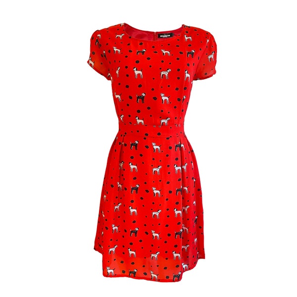 Women dog print red cap sleeves dress