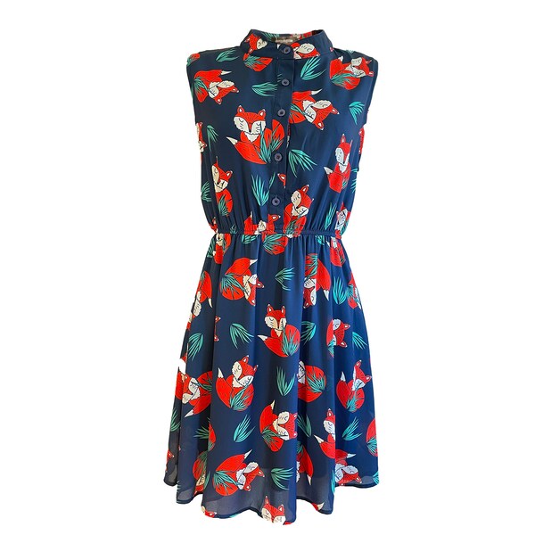 Women foxes and plants print navy dress