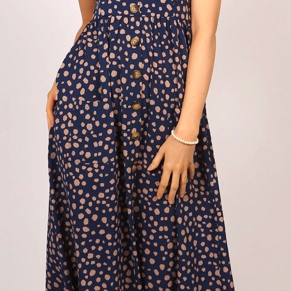 Women’s spaghetti strap midi length leopard print blue summer with pockets.