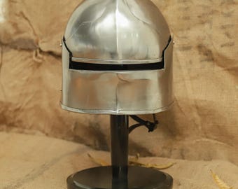 Medieval Knight Helmet – Handmade Steel Armor Helmet – Cosplay & LARP Gear with Wooden stand