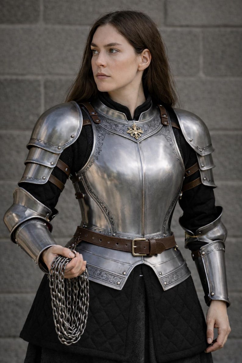 May include: A polished steel breastplate and arm armor with decorative etching and a brown leather belt. The armor is worn over a black garment. A chain is held in the hand.
