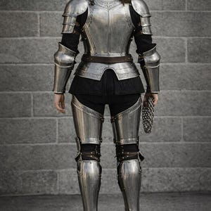 May include: A full suit of silver-colored medieval armor, including a breastplate, pauldrons, arm and leg protection, and boots. The armor is worn over a black outfit. A chainmail is held in the right hand. The background is a gray brick wall.