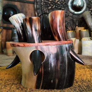 Drinking Horn Shot Cups (Set of 4) with Horn Stand | Norse Decor & Medieval Gift Idea
