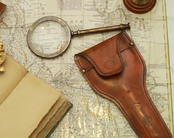 Vintage Brass Magnifying Glass with Leather Case: Antique Desk Decor
