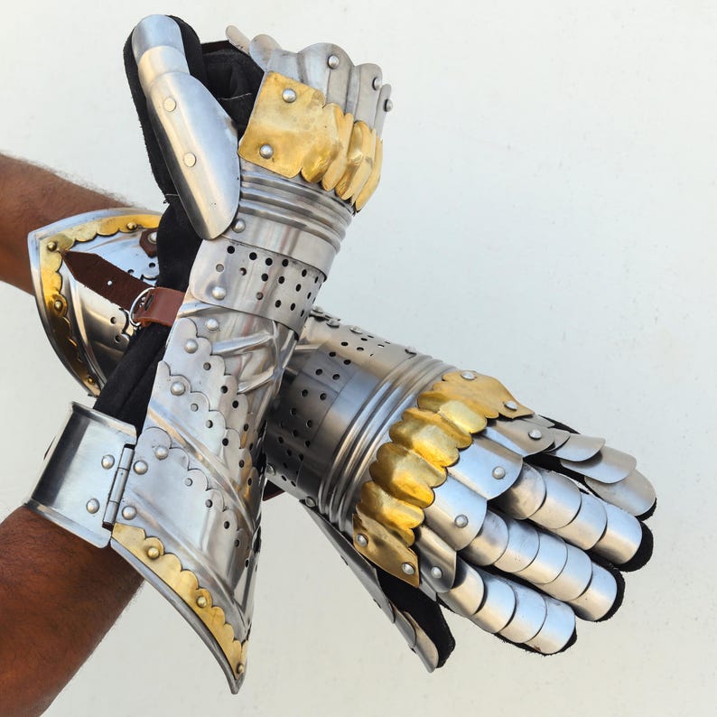 Steel Knight Gauntlets: Medieval Armor Gloves With Brass Detail - Etsy