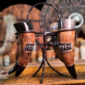 Rune-Engraved Viking Drinking Horn Set with Iron Stand