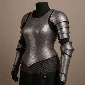 Peut inclure: Une armure argentée détaillée, ornée de gravures florales complexes. La cuirasse, les épaulières et les pièces de bras sont décorées. Une cotte de mailles est suspendue sous la cuirasse, présentée sur un mannequin.