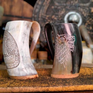 Personalized Mugs Handcrafted Viking Horn Mug Set | Personalize Wooden Base Option | Medieval Mead & Ale Drinking Cup