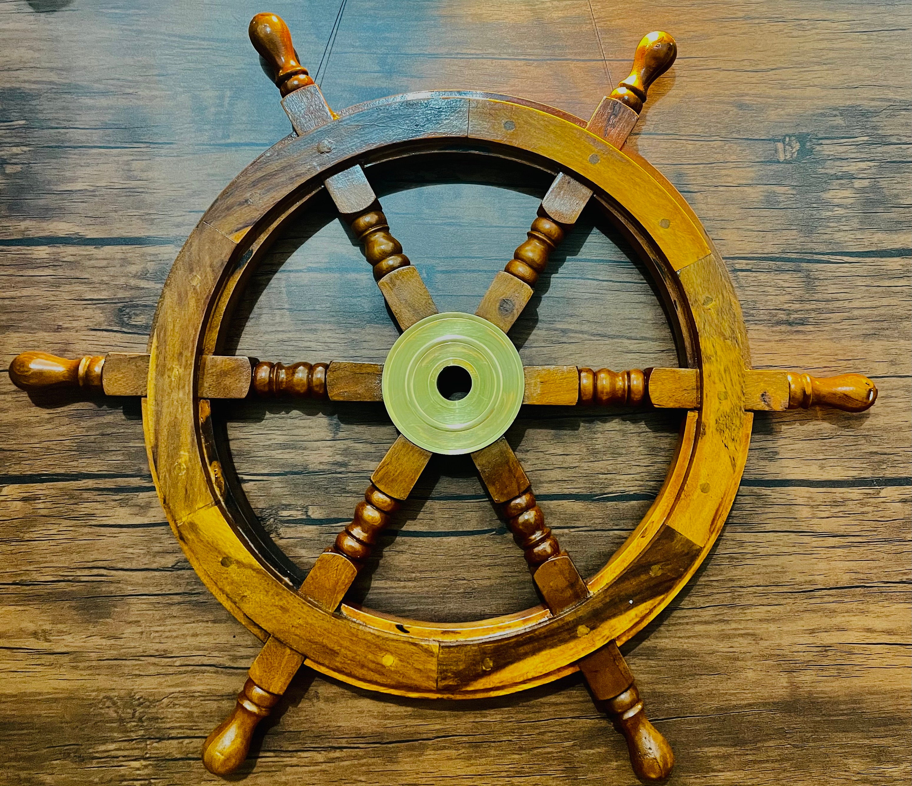 36'' Nautical Marine Wooden Ship Steering Wheel Brass Anchor Pirate
