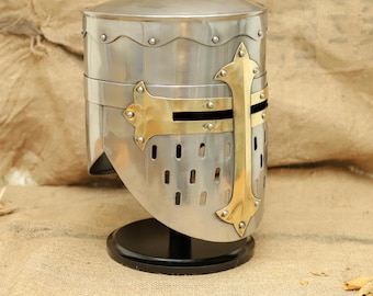 Handmade Crusader Great Helm | Steel Knight Helmet with Brass Cross