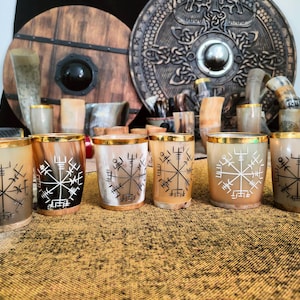 Viking Horn Shot Glasses with Gold Rim: Vegvisir Norse Drinkware
