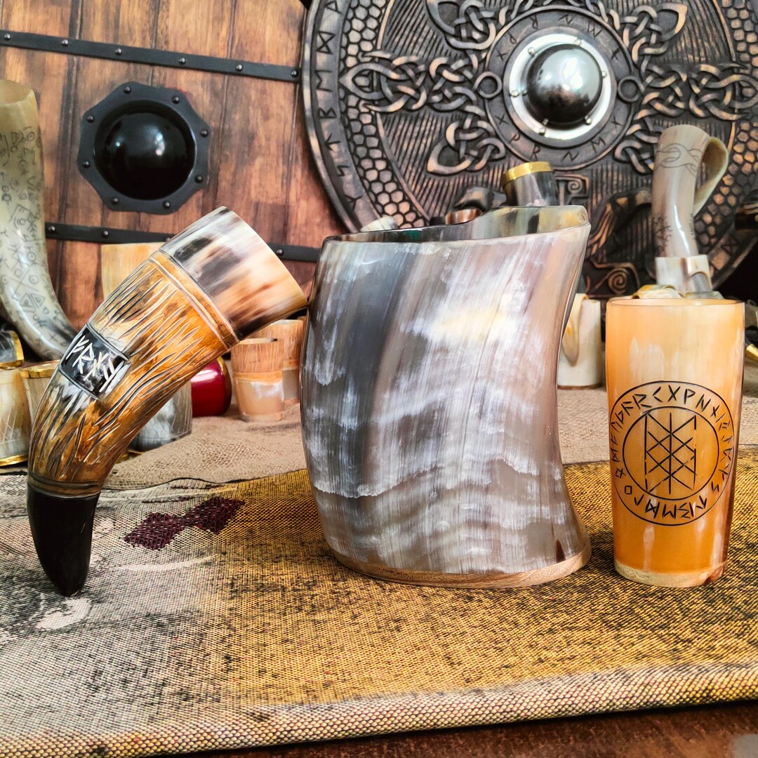 Engraved Ox Horn Mug Set: Handmade Viking Ale Tankard & Mead Shots