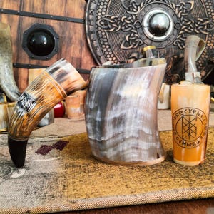 Beer Horn Mug with and Mead Shots Engraved Ox Horn Ale Tankard Mug Handmade Medieval Drinking Gift for Husband