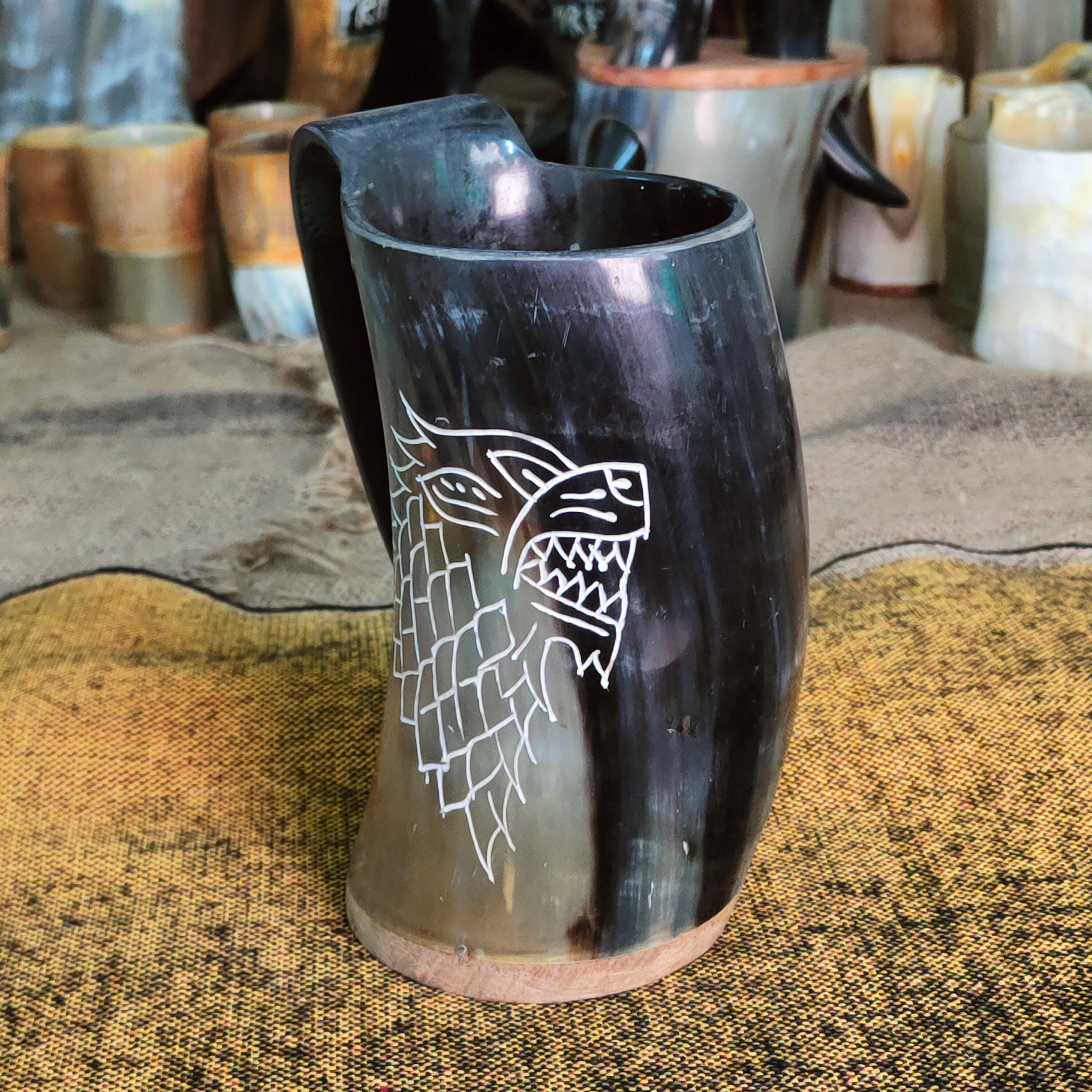 Handcrafted Viking Drinking Horn Mug Set | Rune-engraved Mead Cup