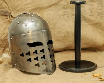 Weathered Steel Knight Helm – Medieval Crusader Cosplay Armor with Stand