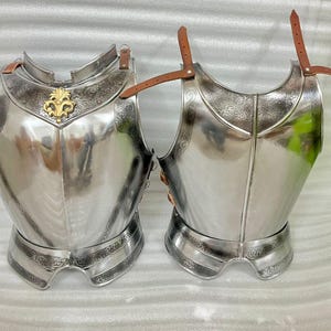 May include: Two polished steel breastplates with intricate engraved designs and brown leather straps. One breastplate features a gold-colored emblem. The armor is designed to protect the torso and is likely for historical reenactment or display.