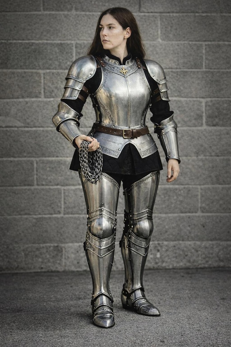 May include: Full suit of polished steel armor, including a breastplate, pauldrons, arm and leg protection, and boots. The armor is worn over a black outfit, with a brown belt. A chain is held in the hand.