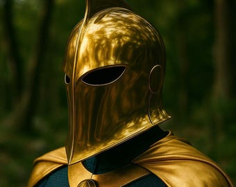 May include: A close-up of a gold-colored helmet with a pointed fin on top, featuring eye slits. The helmet is part of a costume, with a matching gold cape and a blue and gold patterned top. The background is a blurred forest.