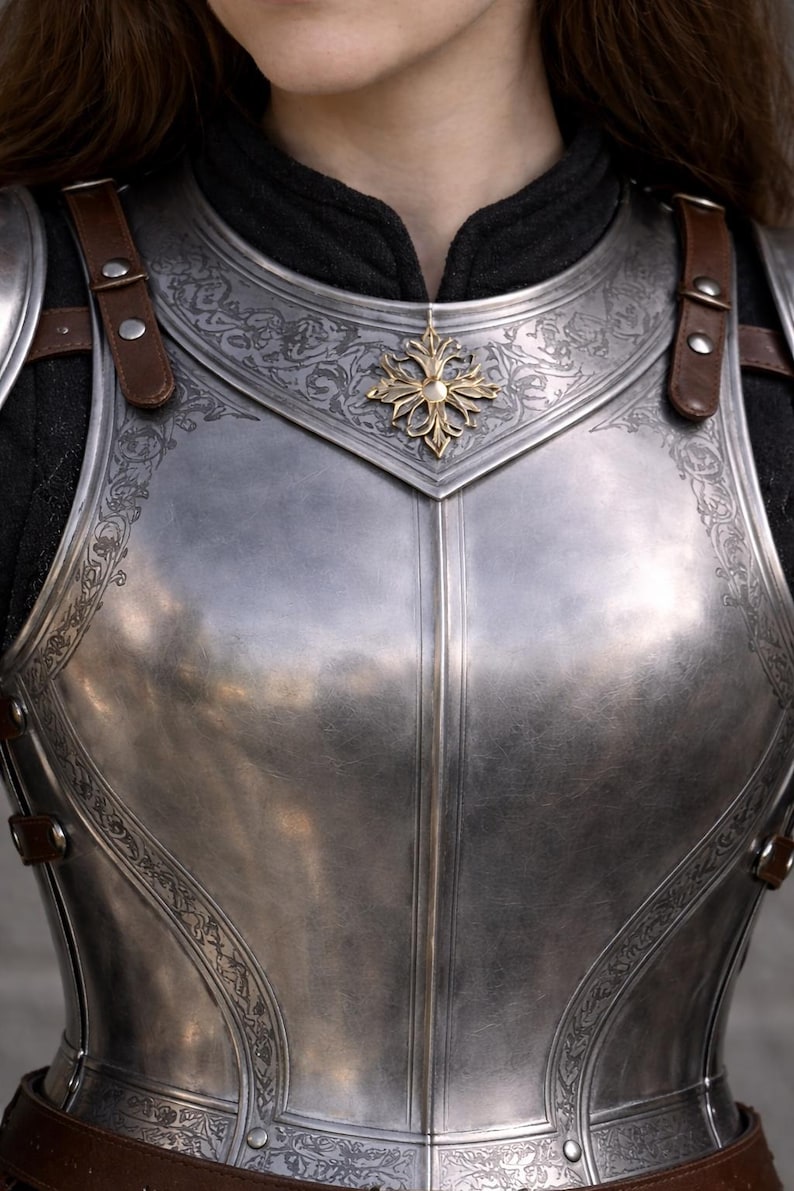 May include: Close-up of a polished steel breastplate with intricate engraved floral patterns and a gold-colored emblem. The armor features brown leather straps and rivets, suggesting a medieval or fantasy theme.