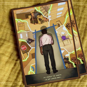 May include: A rectangular art print featuring a person in a light pink shirt and dark trousers standing before a blue frame. The background is fractured by bright green lightning, revealing various interior scenes including a stop sign and furniture.
