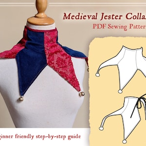 May include: A Medieval Jester Collar, a PDF sewing pattern, is displayed on a mannequin. The collar is a combination of blue and red fabrics, with gold bells at the tips. The text reads "Beginner friendly step-by-step guide."