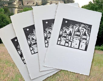 Merlin | "Camelot" Château de Pierrefonds | Original Linocut Print | Medieval Castle