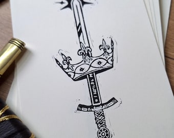 Merlin | Original Linocut Print | Excalibur and Crown
