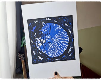 Kitty Dreams | Original Linocut Print