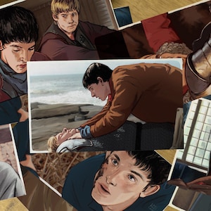 May include: A collage of images featuring a man in a brown jacket and a woman lying on a beach. The man is looking down at the woman with a concerned expression. The images are arranged in a random order, creating a sense of chaos and confusion.