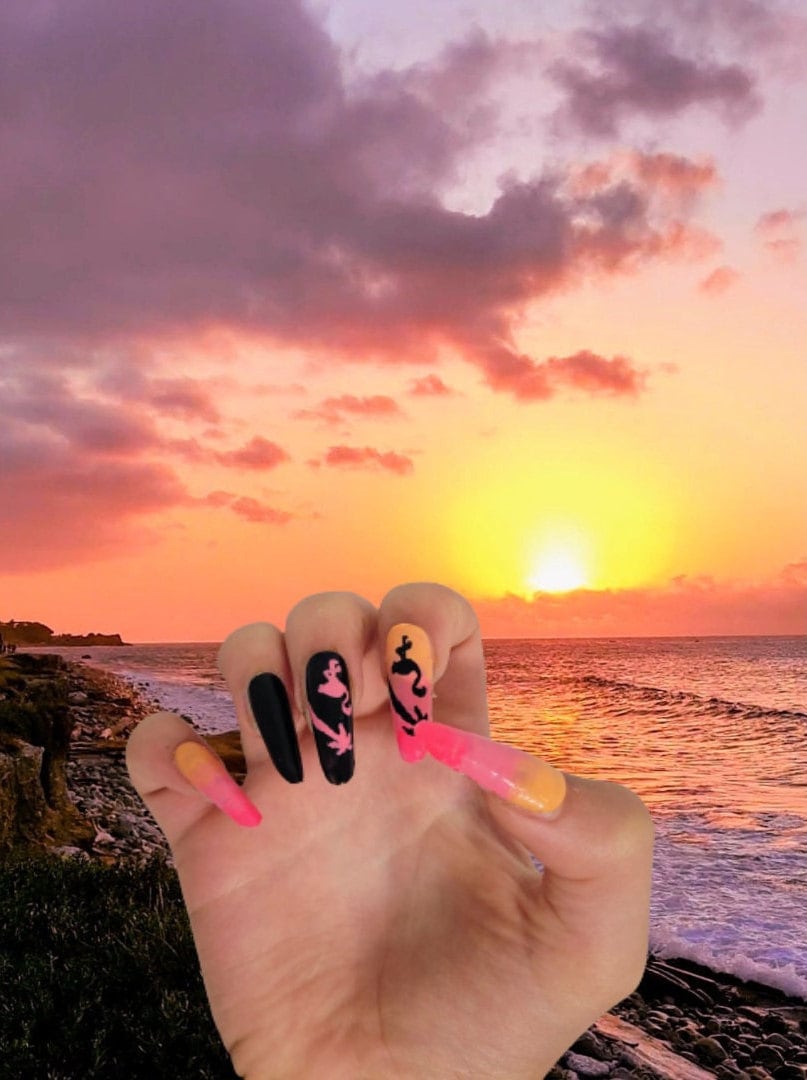 Tropical Sunset Nails with Flamingo Charm