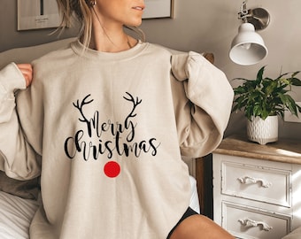 Merry Christmas Sweatshirt, Christmas Reindeer Sweatshirt, Cute Reindeer Antlers Sweatshirt, Reindeer Merry Christmas Sweatshirt