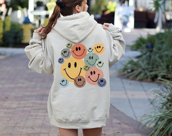 Vintage Smiley Faces Hoodie Happy Face Back Side Hooded Sweatshirt Retro Lots of Smiles Hoodie Cute Smiley Face Hoodie Etsy UK