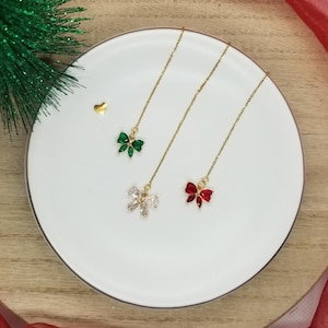 CZ Bow Threader Earrings: Gold Stainless Steel Long Chain, Red or Green Charm