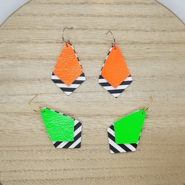 Neon and Black & White Striped Earrings, Diamond Shaped Patent Genuine Leather Hot Green or Orange, Stainless Steel, Summer Vibe, Retro 80s
