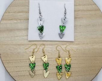 Triple Triangle Earrings, St. Patrick's Day, Tiny Metallic Green, Silver or Gold Genuine Leather, Stainless Steel, Gift for Her