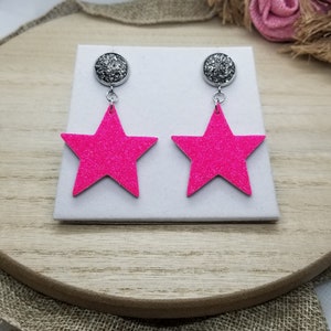 Hot Pink Star Earrings, Glitter Neon Pink Genuine Leather, Silver and Gray Sparkly Druzy Stud Posts, Lightweight, Gift for Her