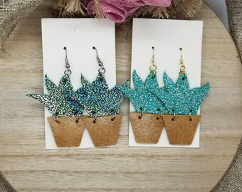 Sparkly Leather Plant Earrings: Succulent in Pot Gardener Gift, Stainless Steel