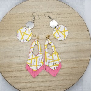 Teacher Appreciation Earrings, Pencil Design, White Yellow & Pink Genuine Leather Dangle, Stainless Steel, Author Gift, Lightweight