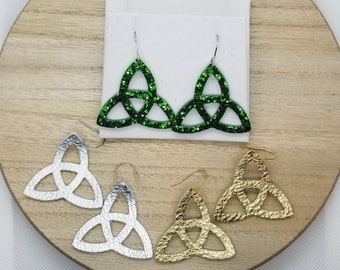 Celtic Knot Earrings, Sparkly Green St. Patrick Day, Trinity, Metallic Gold or Silver Genuine Leather, Stainless Steel Wire, Gift for Her