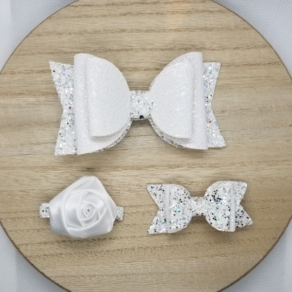 White & Silver Hair Bow, Tiny Faux Leather Bow or White Rose, Alligator Clip, Baptism, Christening or Flower Girl, Toddler or Child Gift