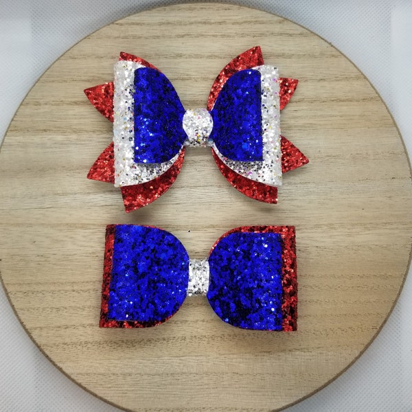 Patriotic Sparkly Hair Bow or Bow Tie on Clip, Chunky Red Silver & Blue Glitter Faux Leather, Memorial Day or 4th of July Gift for Child