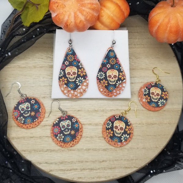 Sugar Skull Earrings, Orange & Skull Floral Genuine Leather Earrings, Day of the Dead, Halloween and Fall, Teardrop or Round, Gift for Her